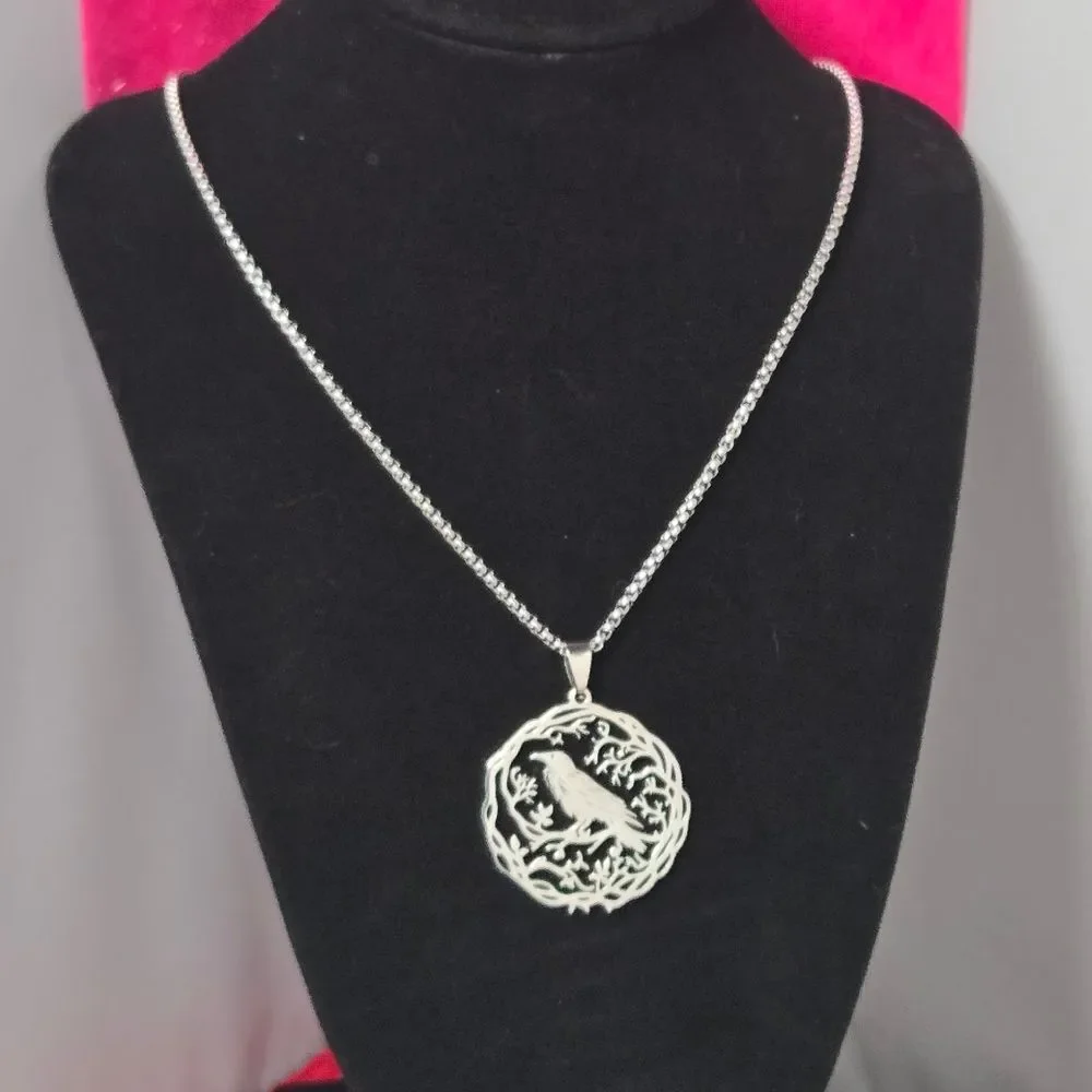 Stainless Steel Raven Crow Tree of Life Pendant Necklace 24